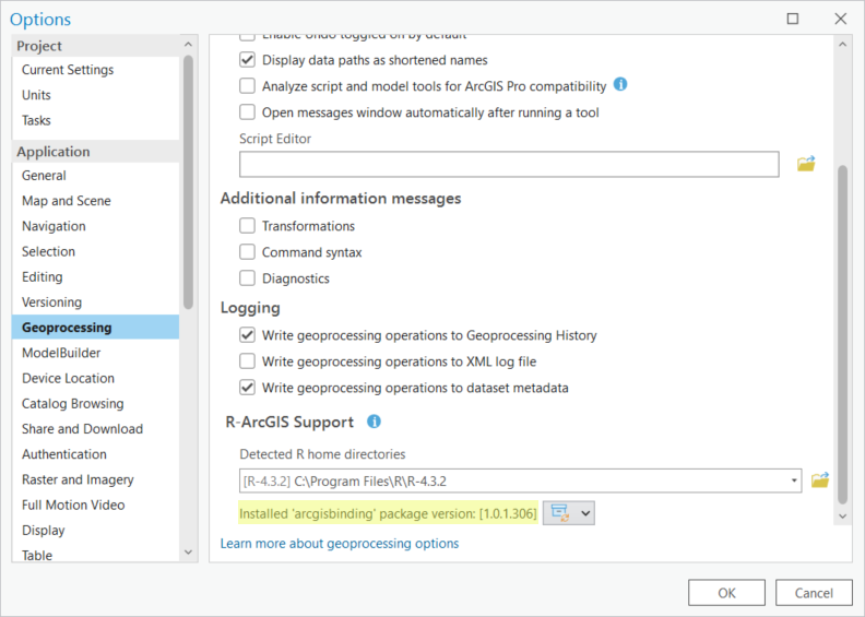 A screenshot of the Options window with the completed installation message highlighted, reading Installed arcgisbinding package version 1.0.1.306.