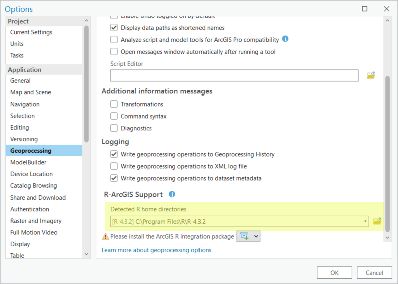 A screenshot of the Options window with the Detected R home directories drop-down in the R-ArcGIS Support section highlighted.