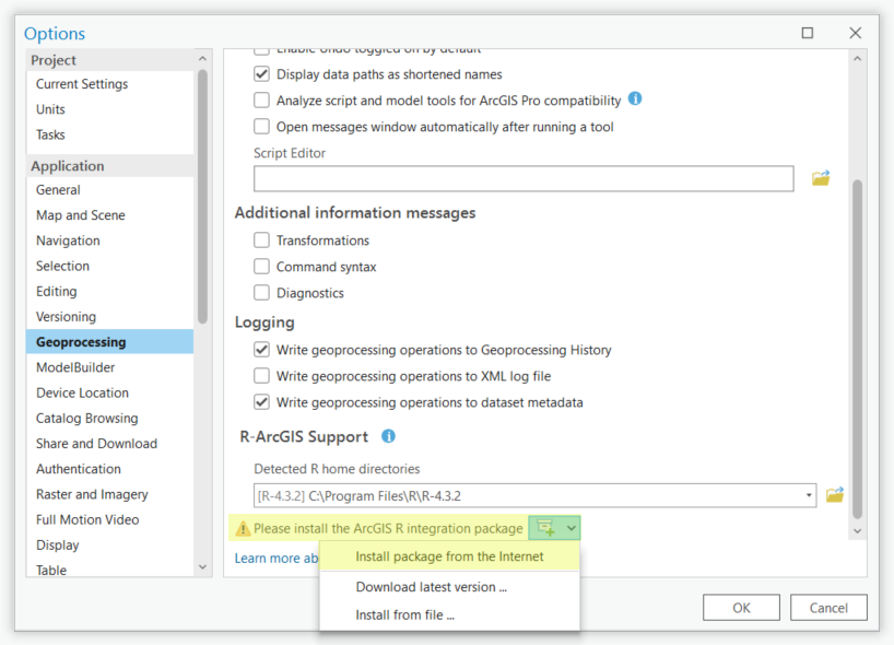 A screenshot of the Options window with the ArcGIS R integration package installation drop-down in the R-ArcGIS Support section highlighted, showing the Install package from the internet option.